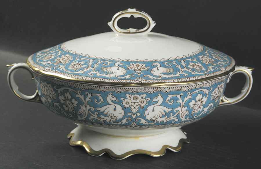 Ellesmere (Turquoise, Gold Trim) Round Covered Vegetable by Crown Staffordshire-1