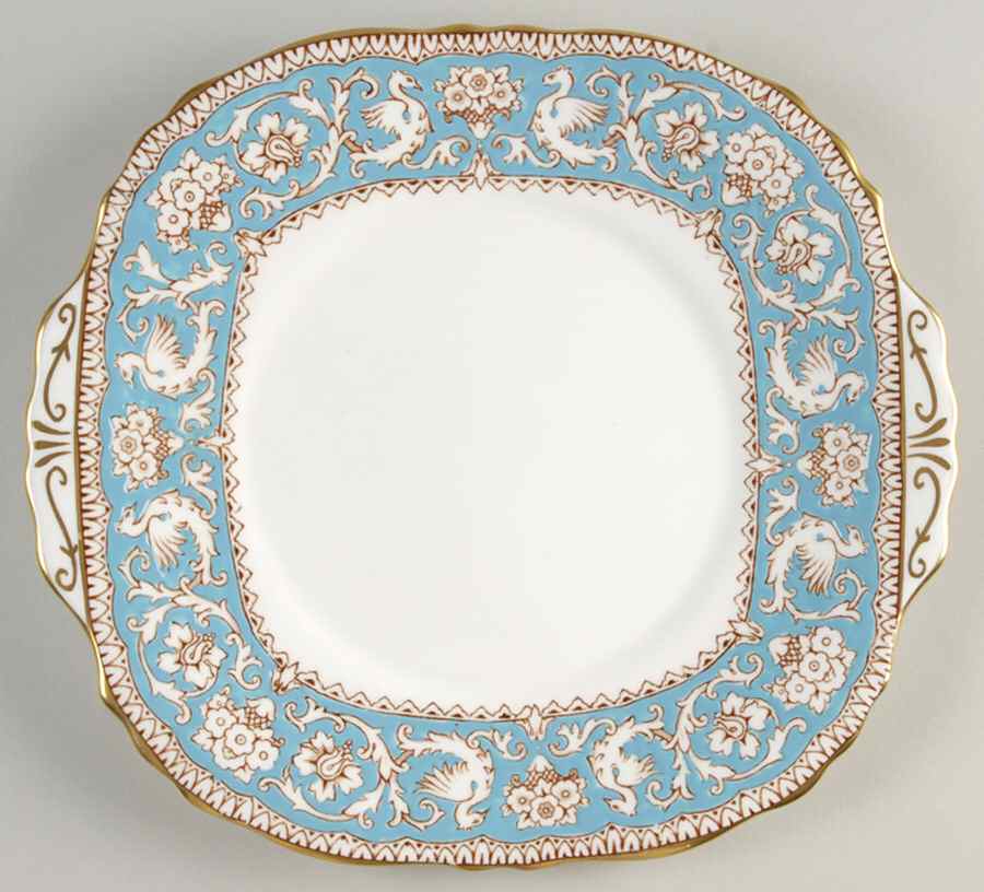 Ellesmere (Turquoise, Gold Trim) Handled Cake/Pastry Plate by Crown Staffordshire-1