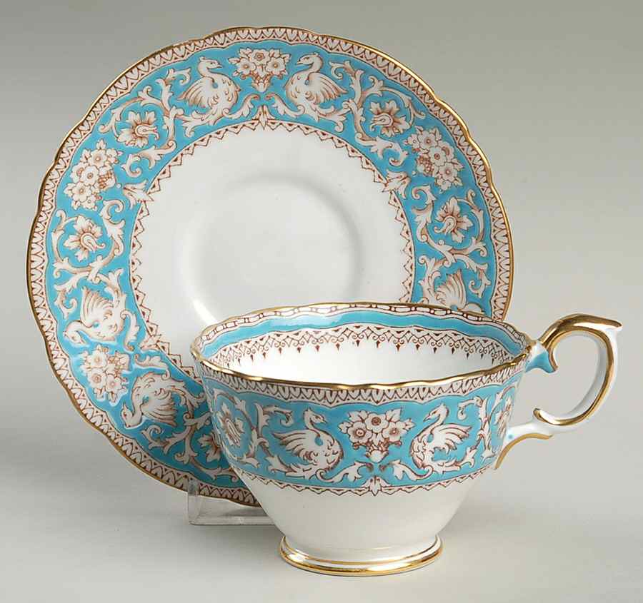 Ellesmere (Turquoise, Gold Trim) Footed Cup & Saucer Set by Crown Staffordshire-1
