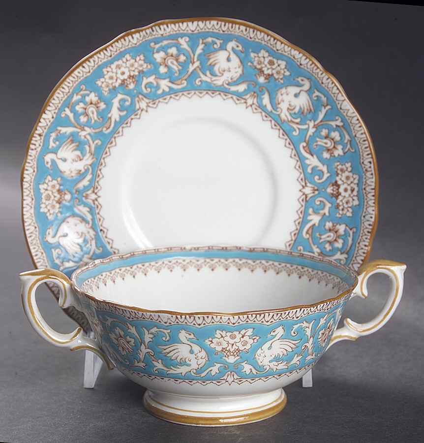 Ellesmere Turquoise and Beige (Tan Trim) Footed Cream Soup Bowl & Saucer Set by Crown Staffordshire-1