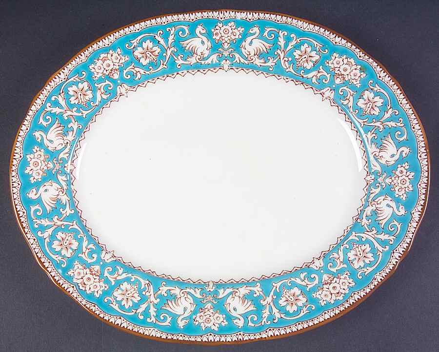 Ellesmere Turquoise and Beige (Tan Trim) 11" Oval Serving Platter by Crown Staffordshire-1