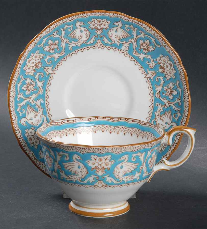 Ellesmere Turquoise and Beige (Tan Trim) Footed Cup & Saucer Set by Crown Staffordshire-1