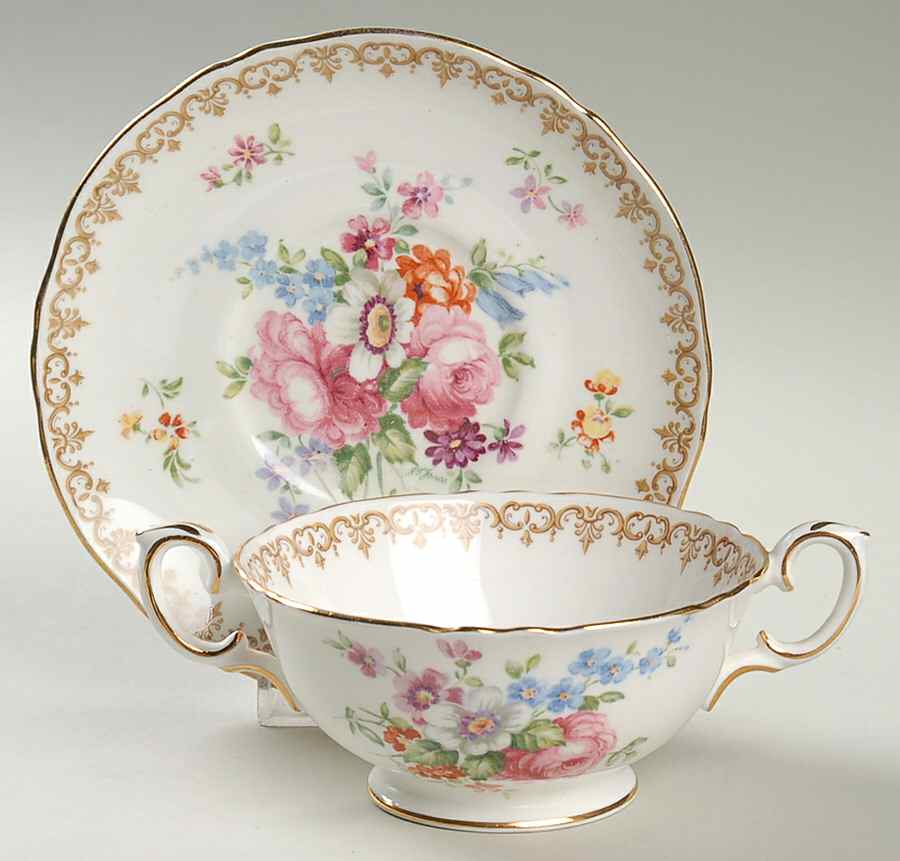 England's Bouquet Footed Cream Soup Bowl & Saucer Set by Crown Staffordshire-1
