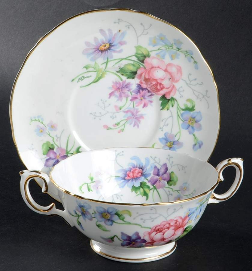 England's Glory (Scalloped) Footed Cream Soup Bowl & Saucer Set by Crown Staffordshire-1