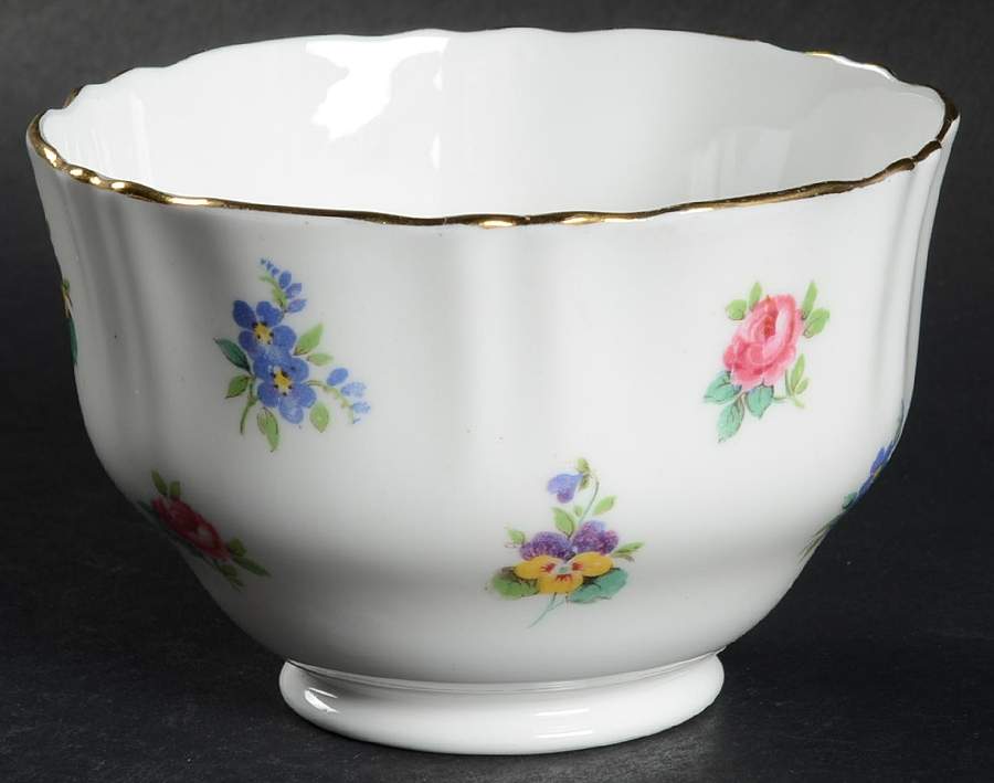 Floral Bouquet (Scalloped, Gold Trim) Open Sugar Bowl by Crown Staffordshire-1