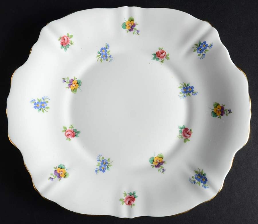 Floral Bouquet (Scalloped, Gold Trim) Handled Cake Plate by Crown Staffordshire-1