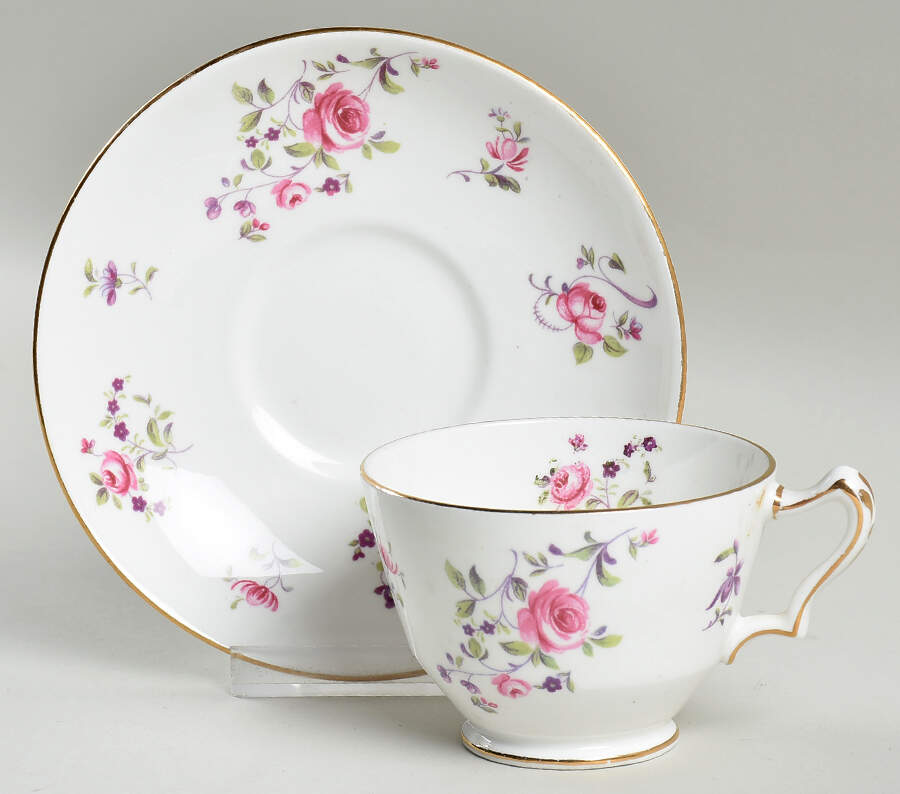 English Rosebud Footed Cup & Saucer Set by Crown Staffordshire-1