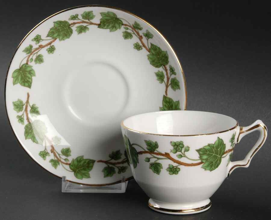 Green Vine Footed Cup & Saucer Set by Crown Staffordshire-1