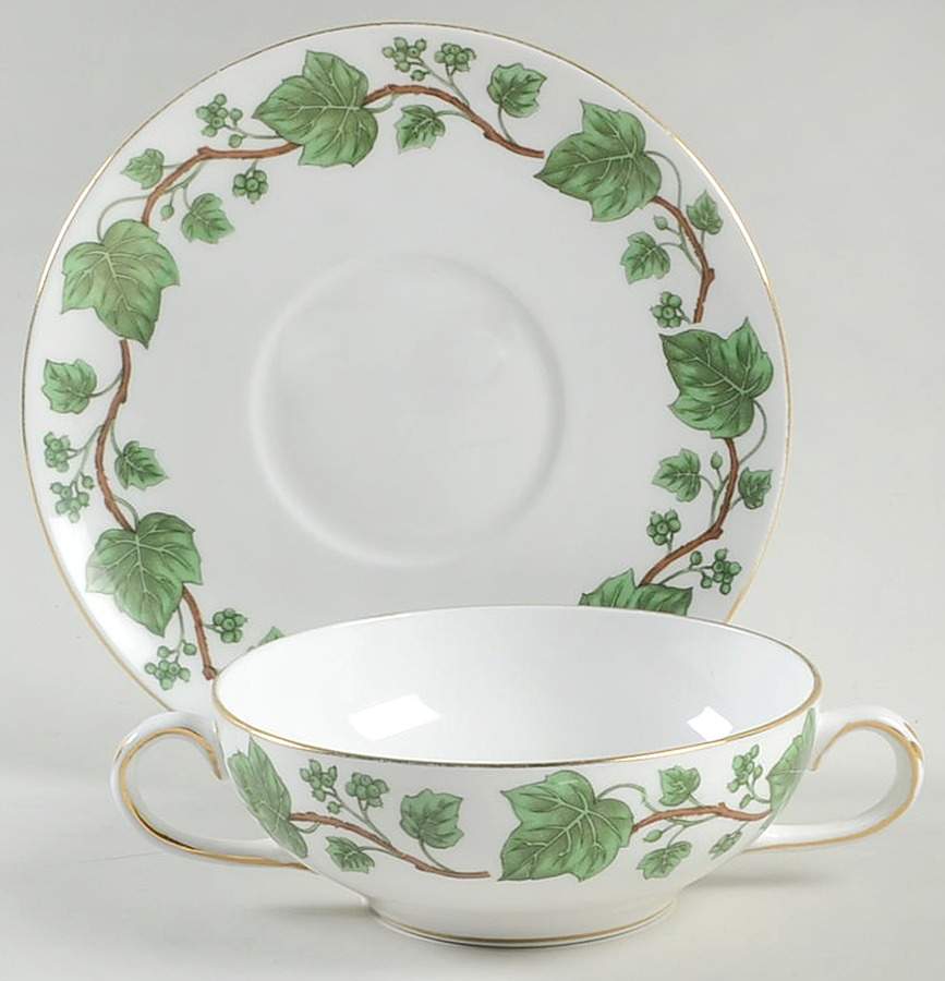 Green Vine Footed Cream Soup Bowl & Saucer Set by Crown Staffordshire-1