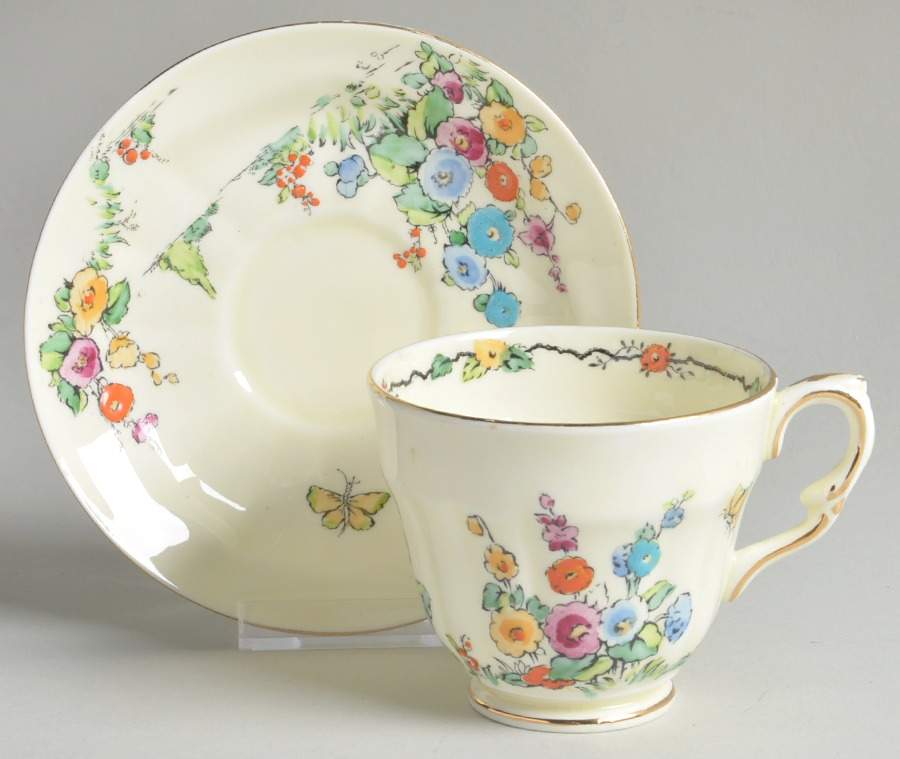 Hollyhock Footed Cup & Saucer Set by Crown Staffordshire-1