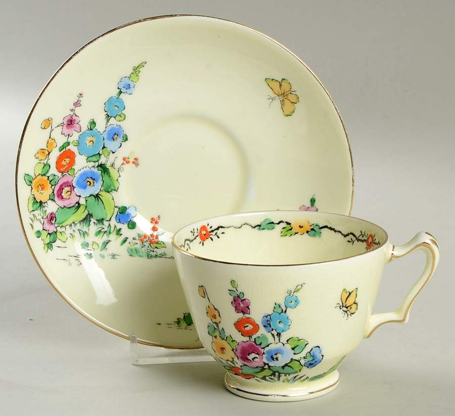 Hollyhock Footed Cup & Saucer Set by Crown Staffordshire-1