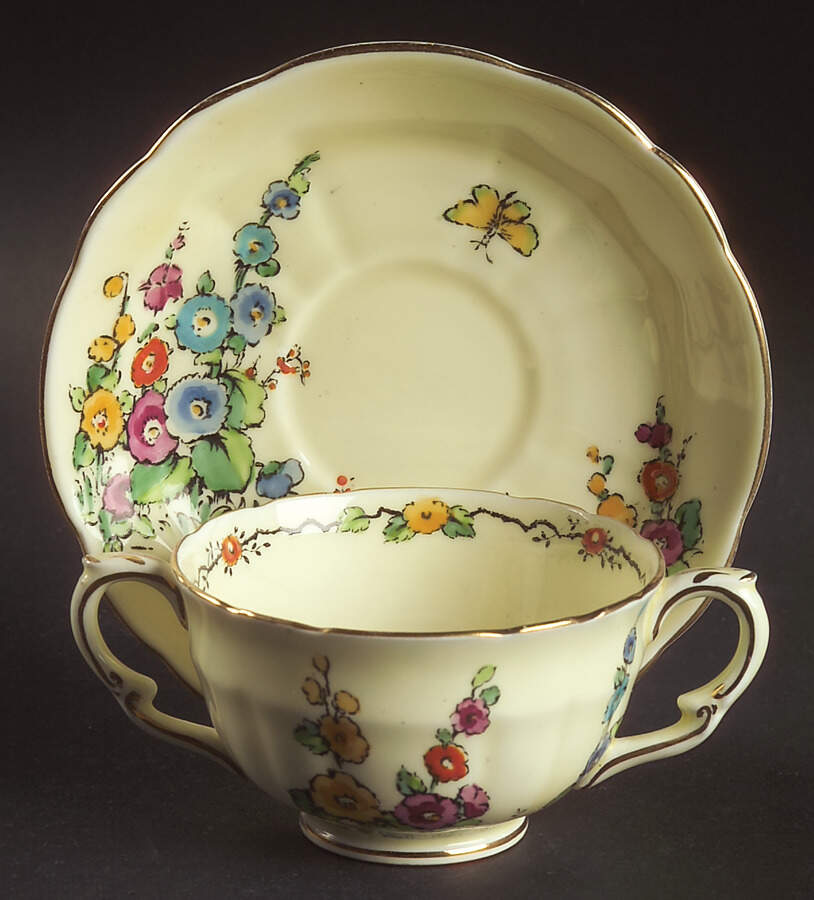 Hollyhock Footed Bouillon Cup & Saucer by Crown Staffordshire-1