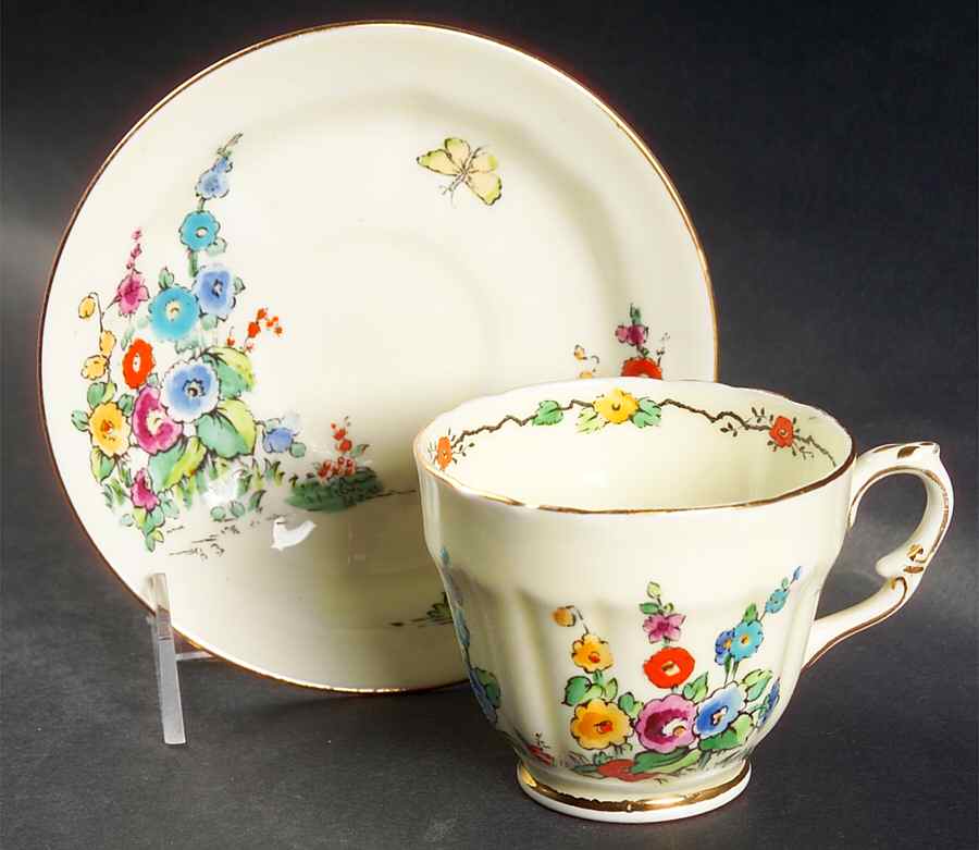 Hollyhock Footed Cup & Saucer Set by Crown Staffordshire-1
