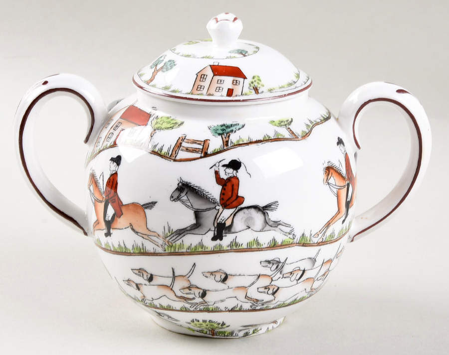 Hunting Scene Sugar Bowl & Lid by Crown Staffordshire-1
