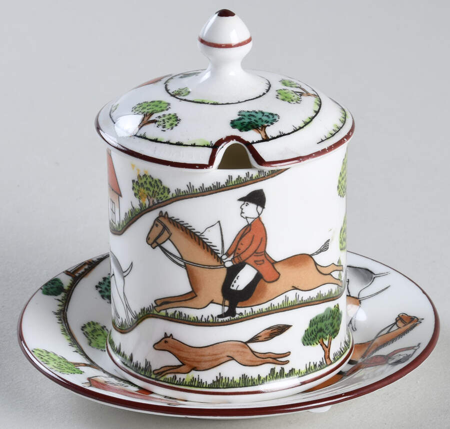 Hunting Scene Mustard & Lid with Underplate by Crown Staffordshire-1