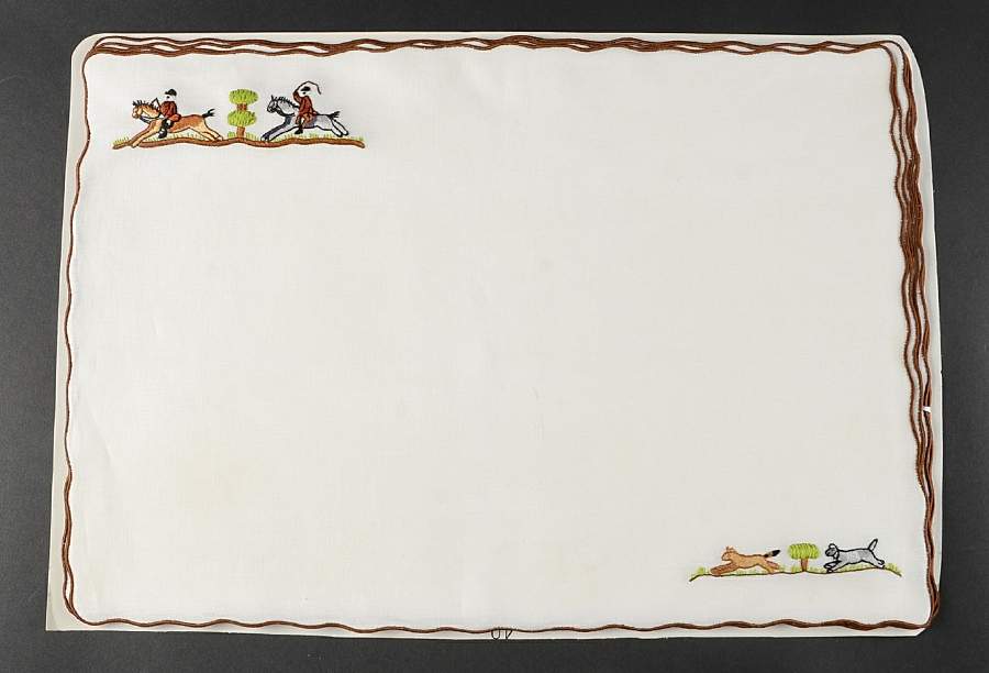 Hunting Scene Embroidered Cloth Placemat by Crown Staffordshire-1