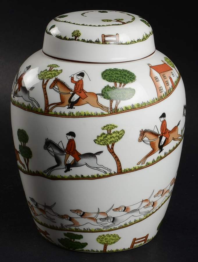 Hunting Scene 7" Ginger Jar & Lid by Crown Staffordshire-1