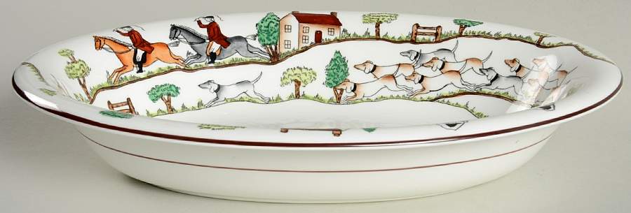 Hunting Scene 10" Oval Vegetable Bowl by Crown Staffordshire-1