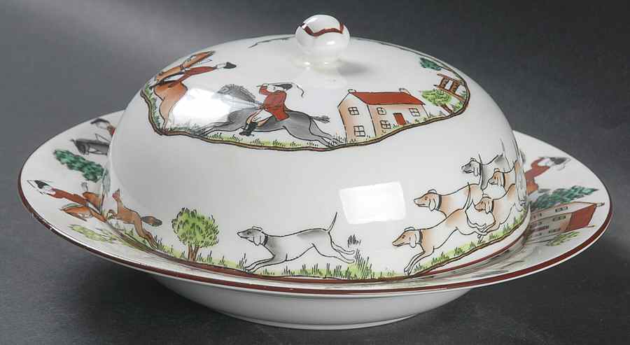 Hunting Scene Round Covered Butter by Crown Staffordshire-1