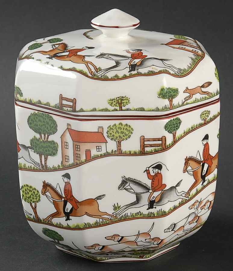 Hunting Scene 4" Octagonal Jar & Lid by Crown Staffordshire-1