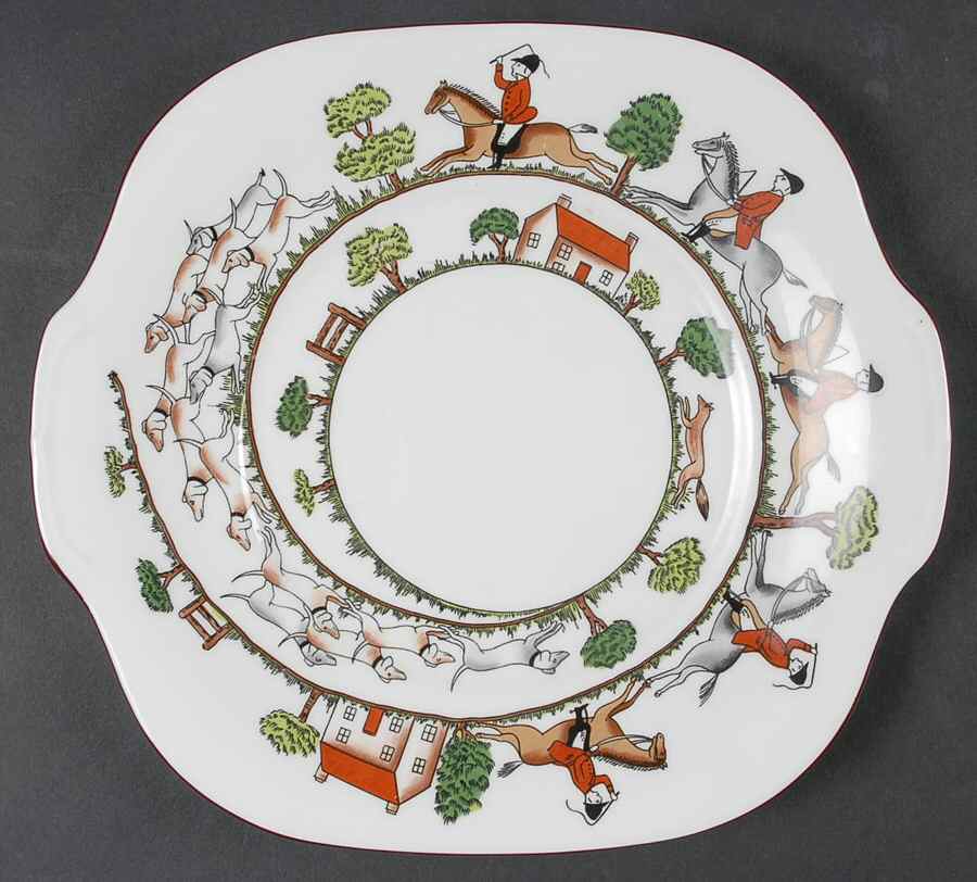 Hunting Scene Square Handled Cake Plate by Crown Staffordshire-1