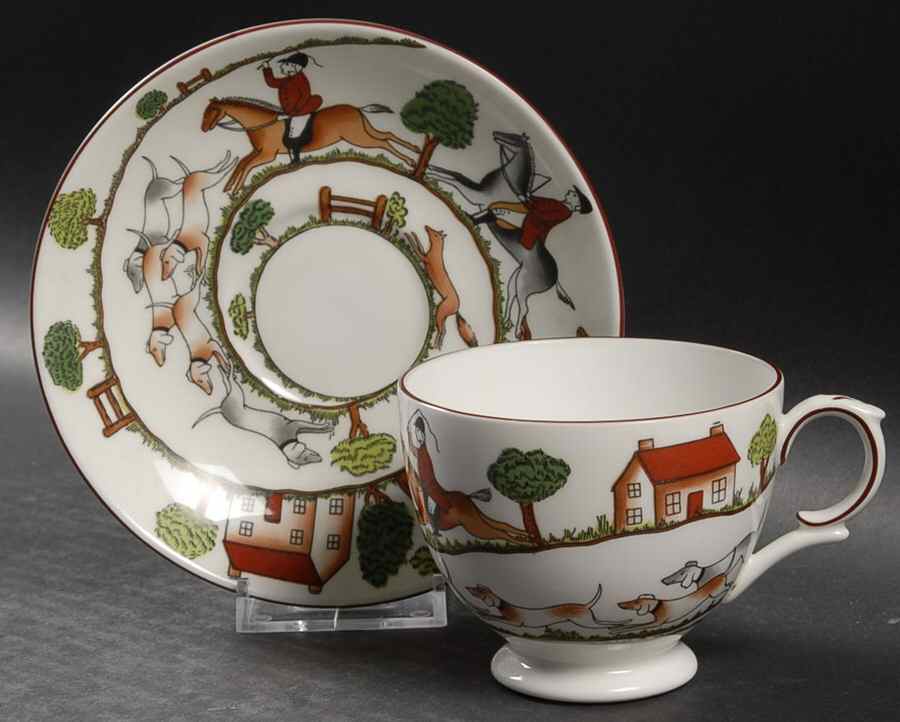 Hunting Scene Footed Cup & Saucer Set by Crown Staffordshire-1