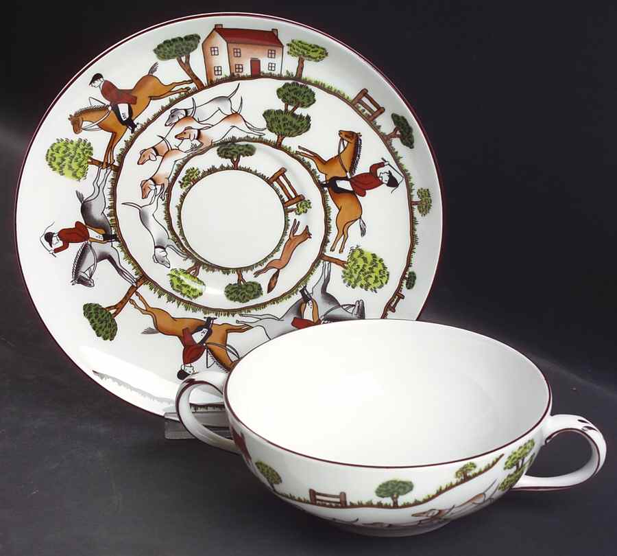 Hunting Scene Flat Cream Soup Bowl & Saucer Set by Crown Staffordshire-1