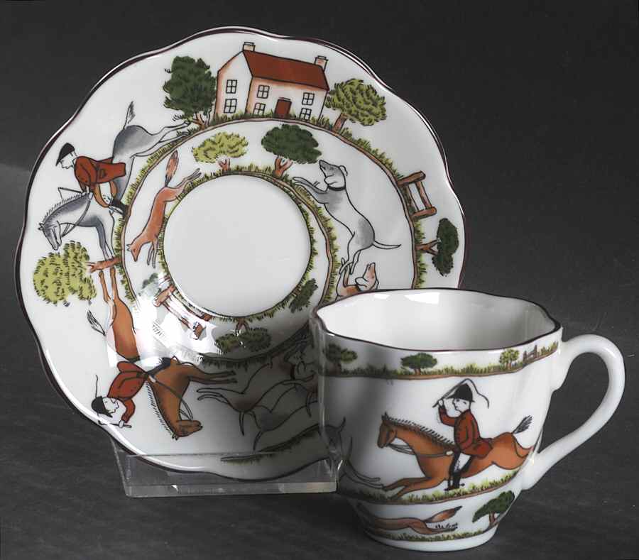 Hunting Scene Flat Demitasse Cup & Saucer Set by Crown Staffordshire-1