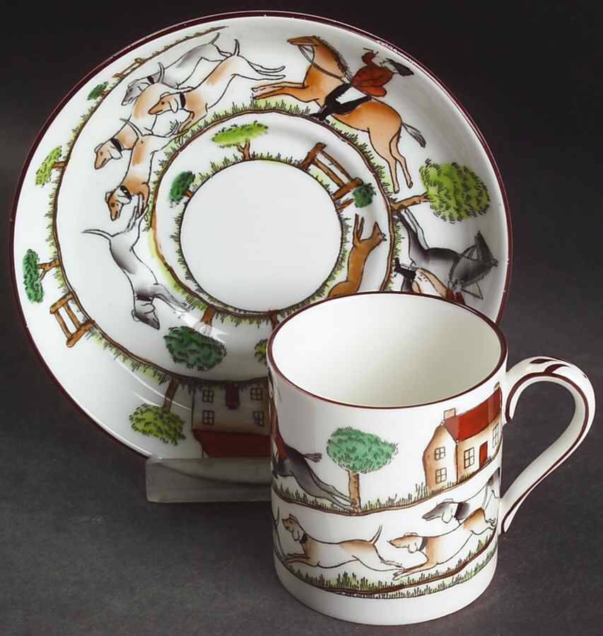 Hunting Scene Flat Demitasse Cup & Saucer Set by Crown Staffordshire-1