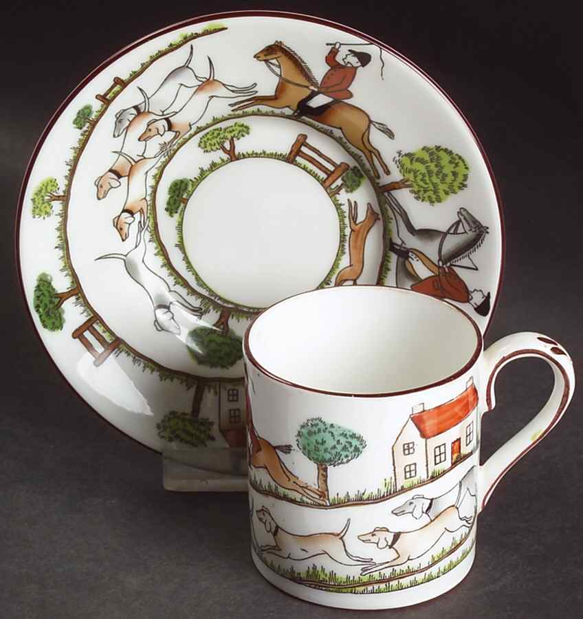 Hunting Scene Flat Demitasse Cup & Saucer Set by Crown Staffordshire-1