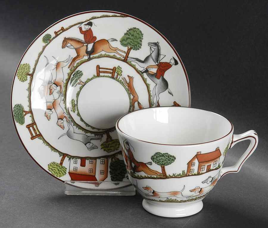 Hunting Scene Footed Cup & Saucer Set by Crown Staffordshire-1