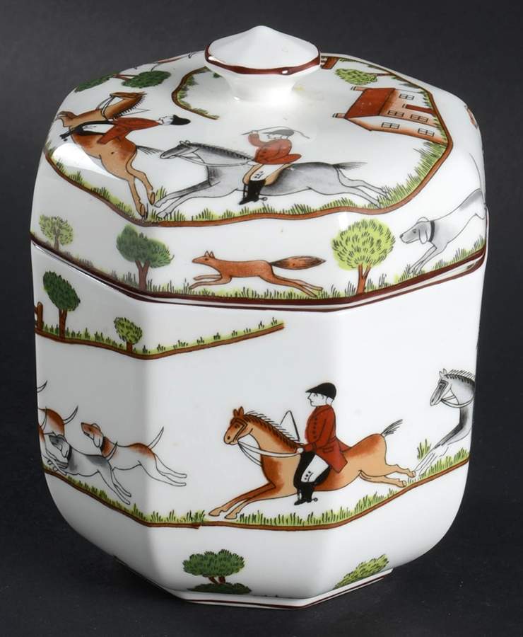Hunting Scene 3" Octagonal Jar & Lid by Crown Staffordshire-1