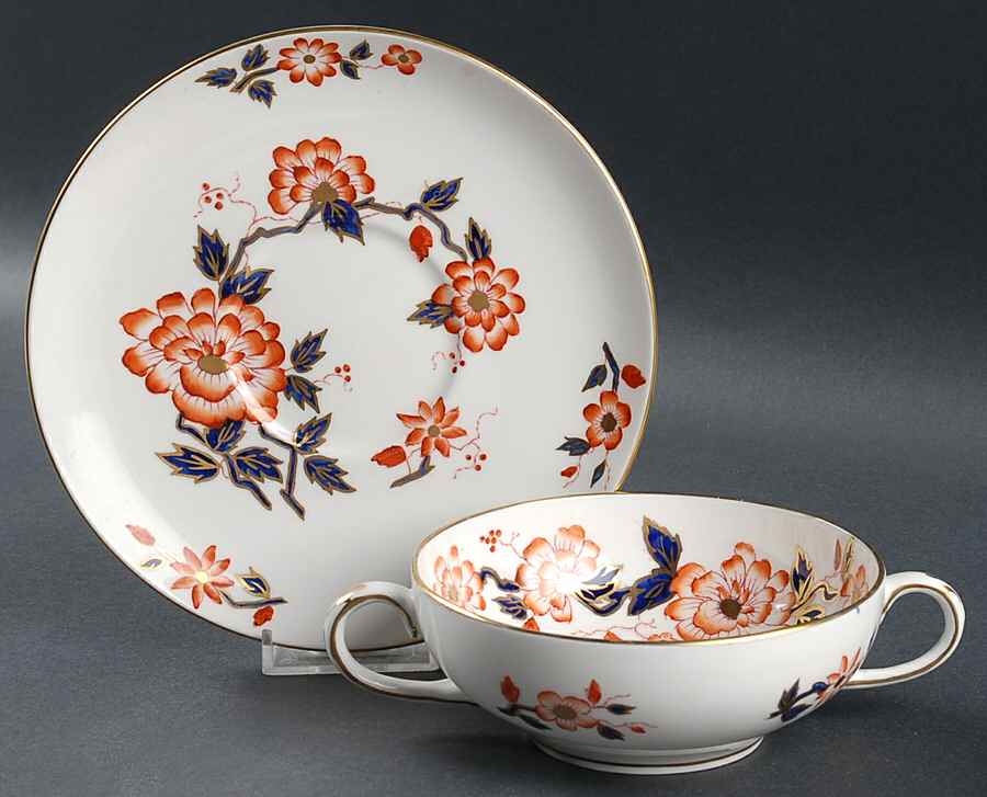 Imari Coral Flat Cream Soup Bowl & Saucer Set by Crown Staffordshire-1