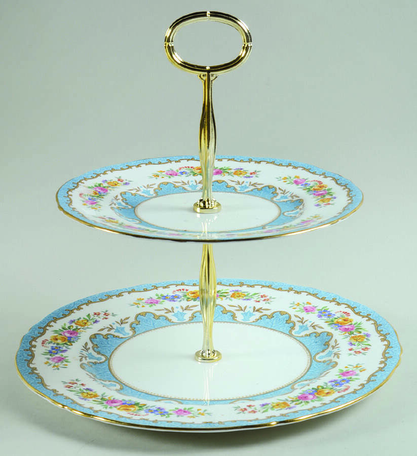 Lyric Tunis Blue (Embossed Line Rim) 6 5/8"-10"  2 Tiered Serving Tray (Dp, Sp) HC by Crown Staffordshire-1
