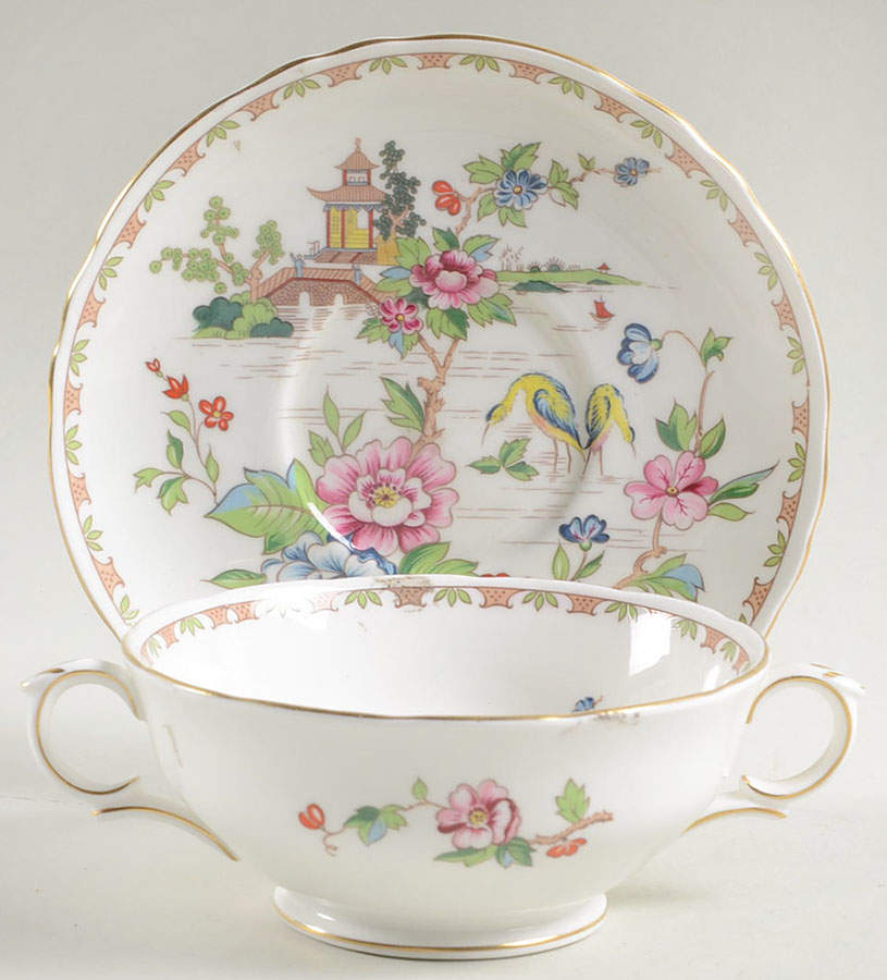 Pagoda Footed Cream Soup Bowl & Saucer Set by Crown Staffordshire-1