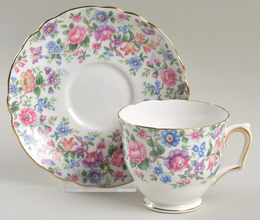 Springtime (Scalloped, Embossed) Footed Cup & Saucer Set by Crown Staffordshire-1