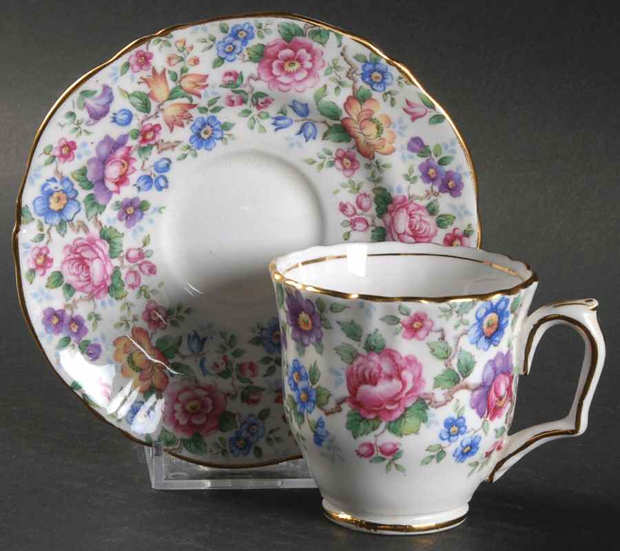 Springtime (Scalloped, Embossed) Footed Demitasse Cup & Saucer Set by Crown Staffordshire-1