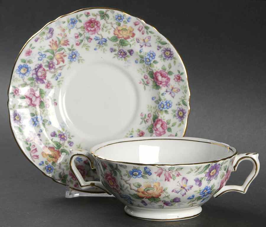 Springtime (Scalloped, Embossed) Footed Cream Soup Bowl & Saucer Set by Crown Staffordshire-1