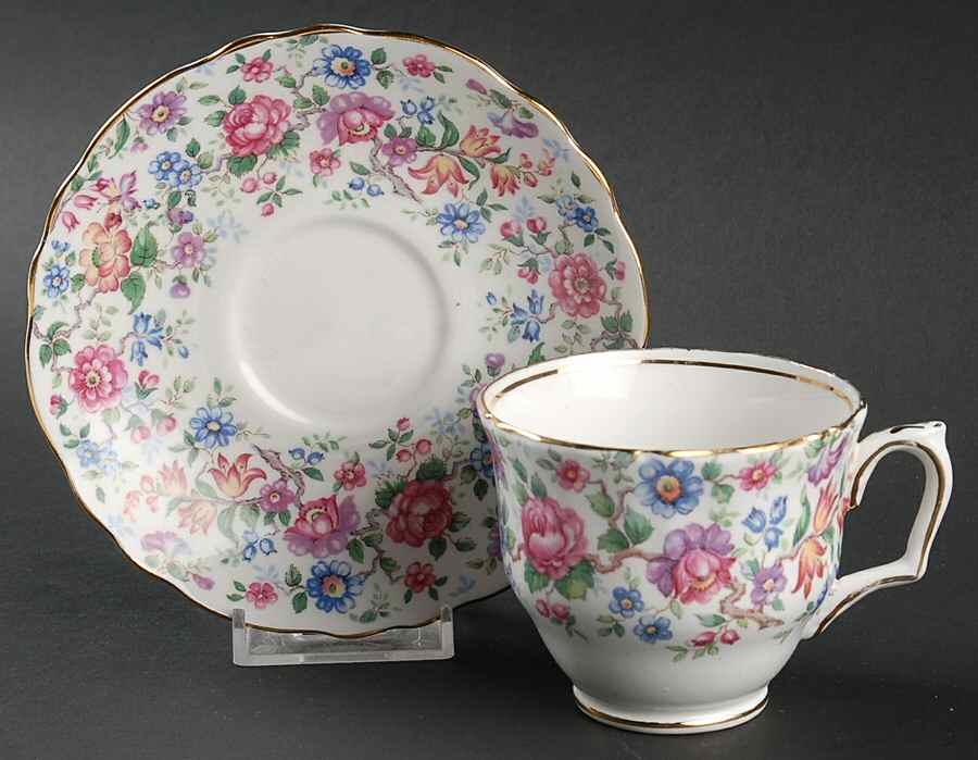 Springtime (Scalloped, Embossed) Footed Cup & Saucer Set by Crown Staffordshire-1