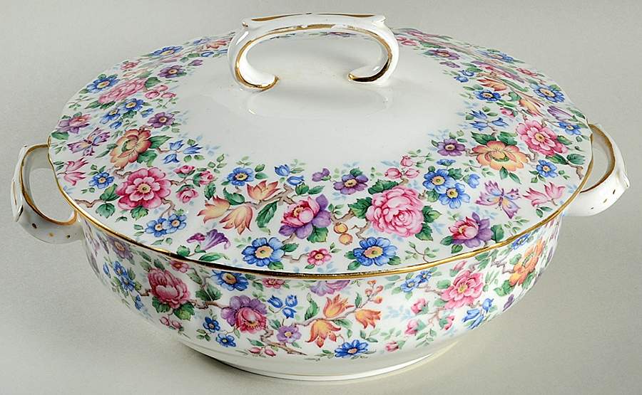 Springtime (Scalloped, Embossed) Round Covered Vegetable by Crown Staffordshire-1