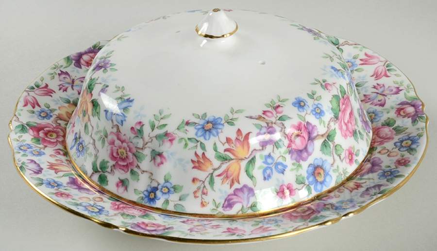 Springtime (Scalloped, Embossed) Round Covered Butter by Crown Staffordshire-1