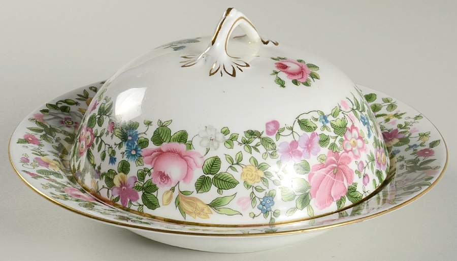 Thousand Flowers Round Covered Butter by Crown Staffordshire-1