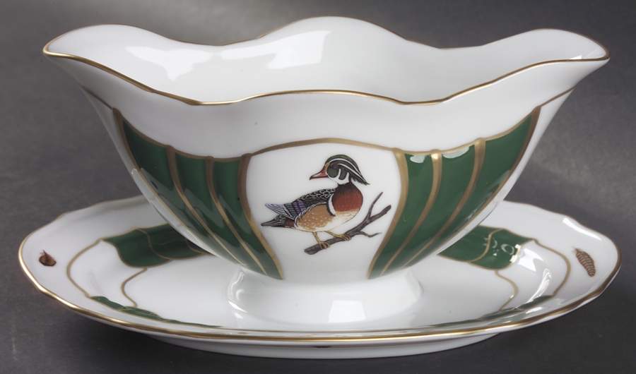 Winter Game Birds Green Gravy Boat with Attached Underplate by Lynn Chase-1