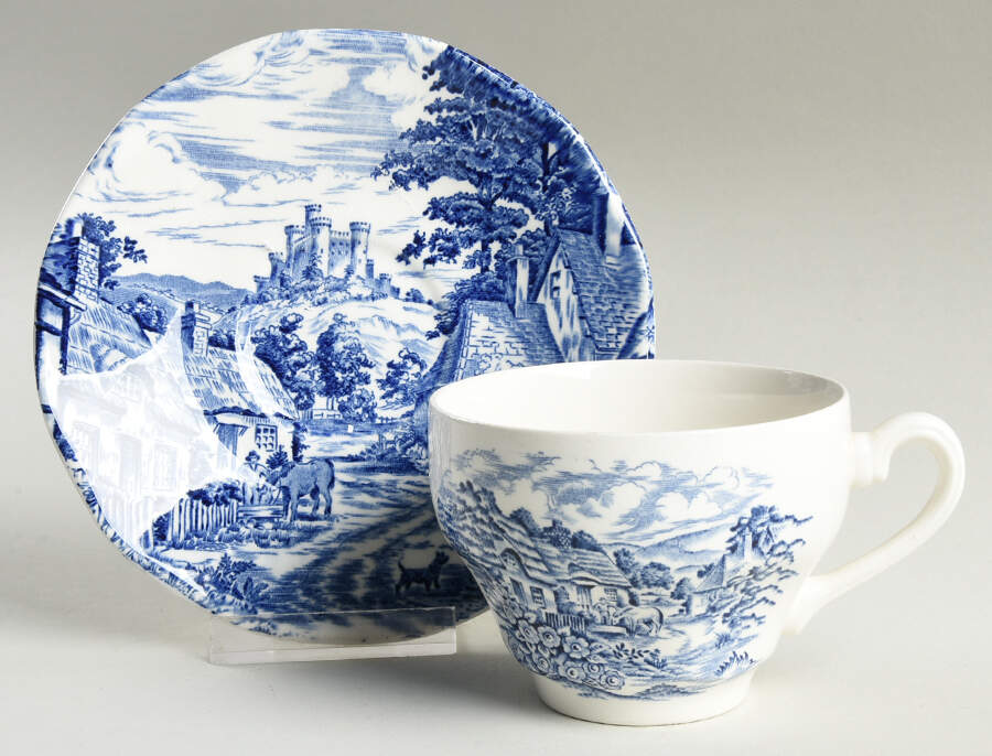 English Village Blue Flat Cup & Saucer Set by Crown Sussex-1