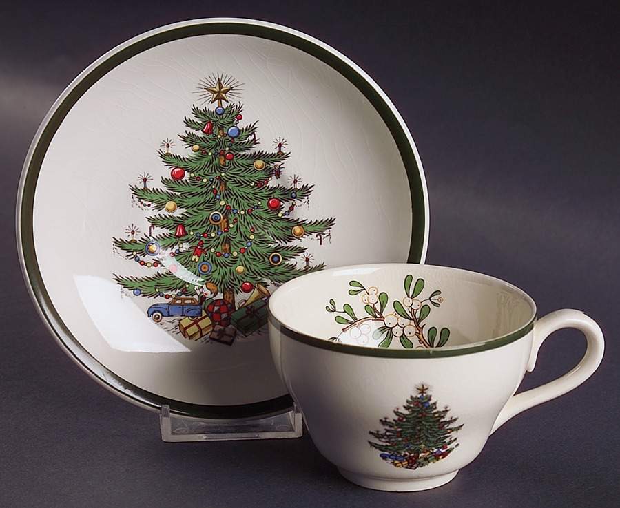 Christmas Tree (Wide Green Band) Footed Cup & Saucer Set by Cuthbertson-1