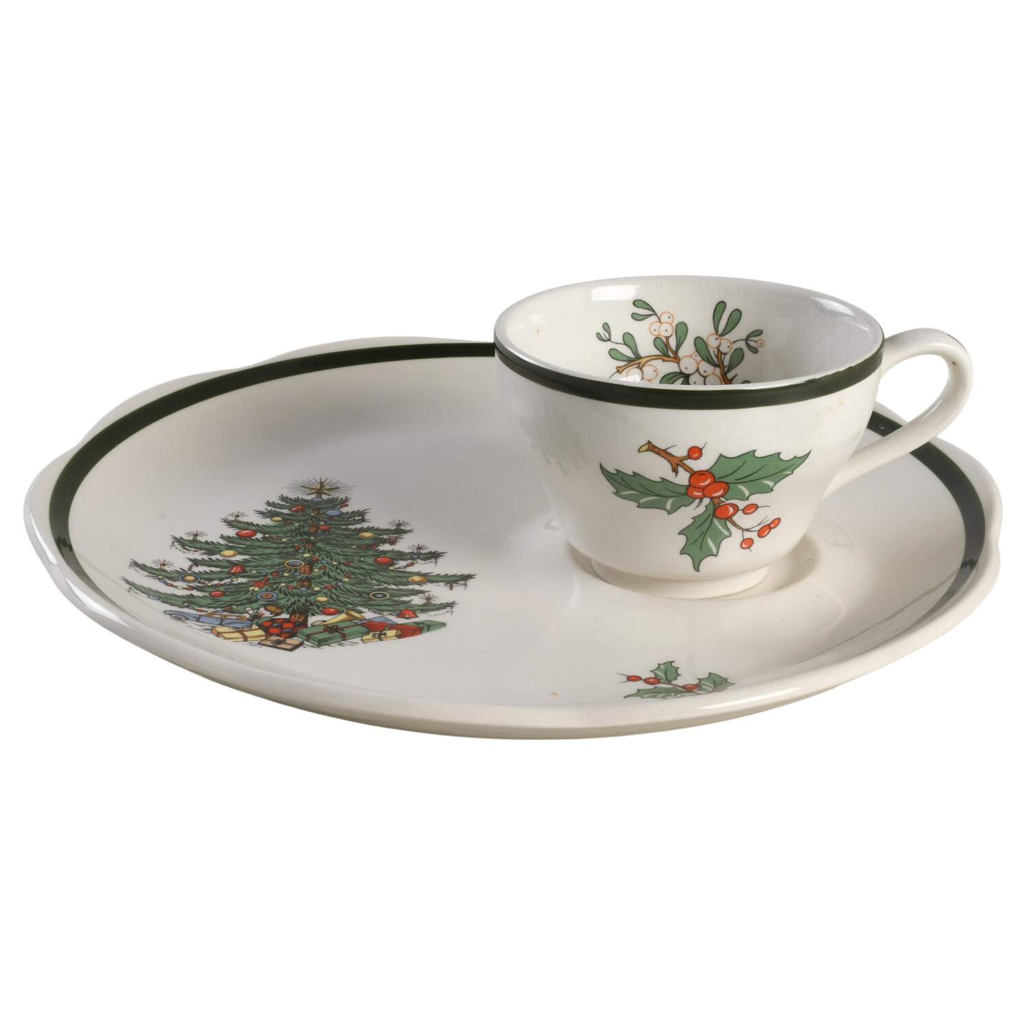 Christmas Tree (Wide Green Band) Snack Plate & Cup Set by Cuthbertson-1