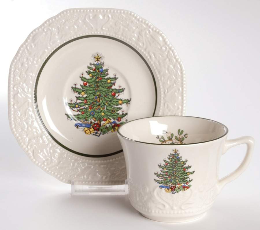 Dickens Embossed Christmas (Cream) Flat Cup & Saucer Set by Cuthbertson-1