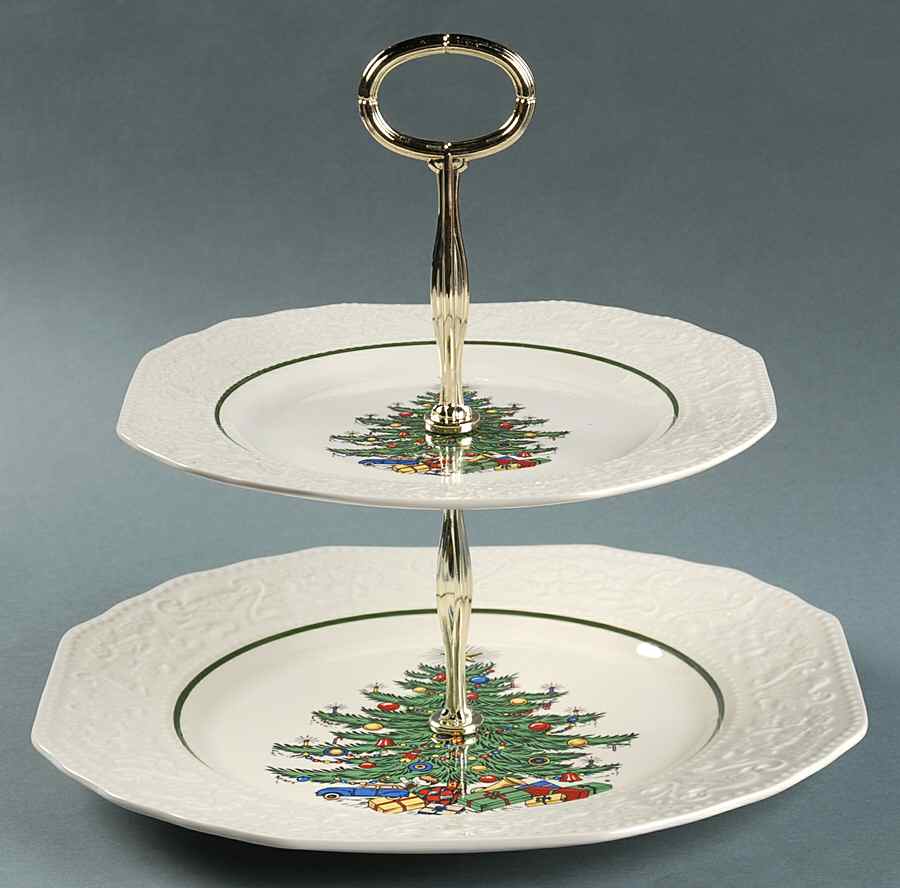 Dickens Embossed Christmas (Cream) 2 Tiered Serving Tray (Dinner & Salad Plate) by Cuthbertson-1