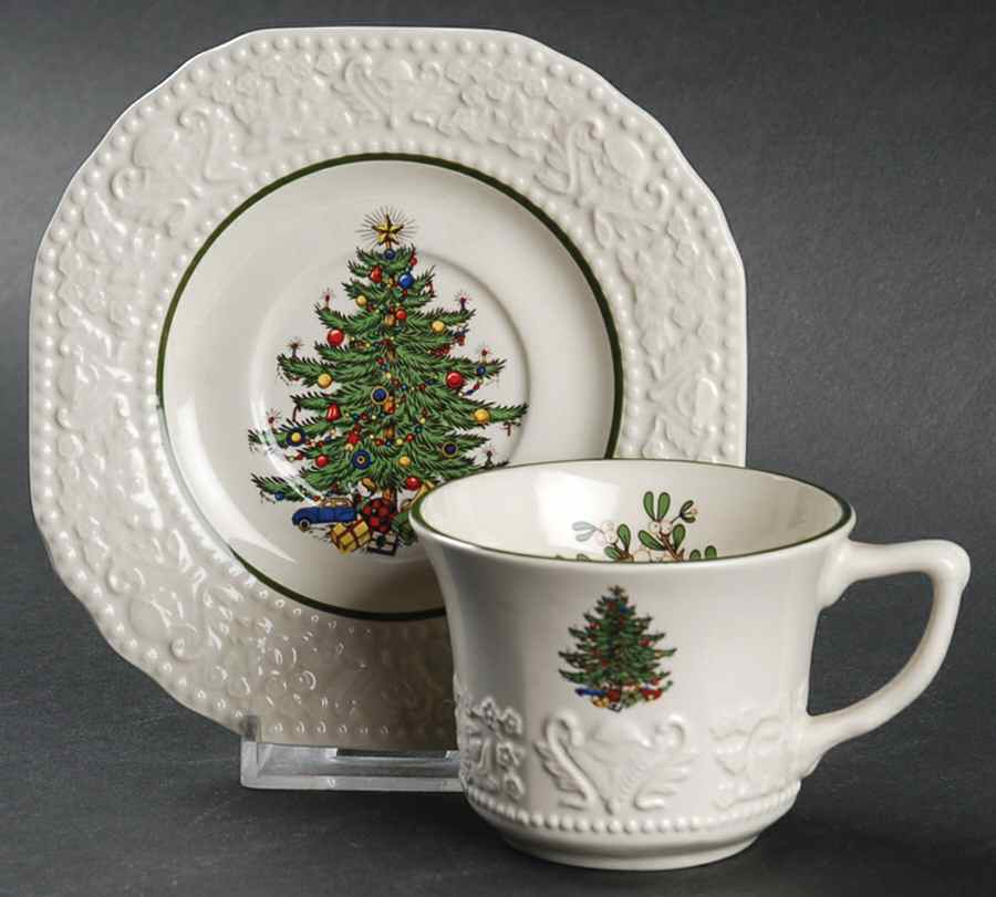 Dickens Embossed Christmas (Cream) Flat Demitasse Cup & Saucer Set by Cuthbertson-1