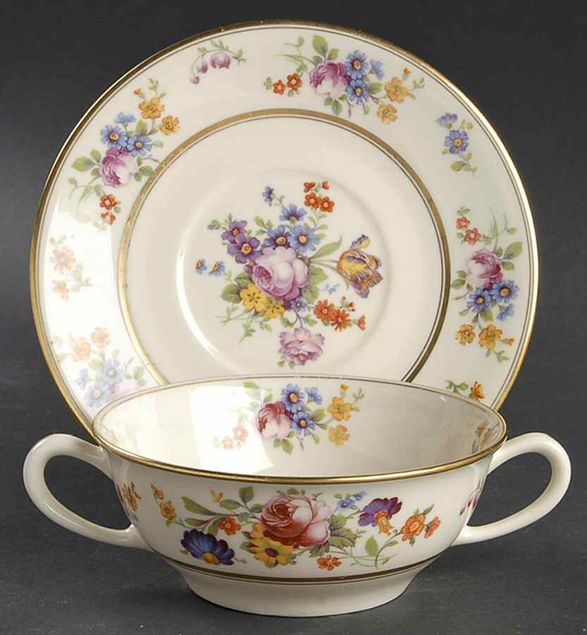 Floral Bouquet Flat Cream Soup Bowl & Saucer Set by Coxon Belleek-1